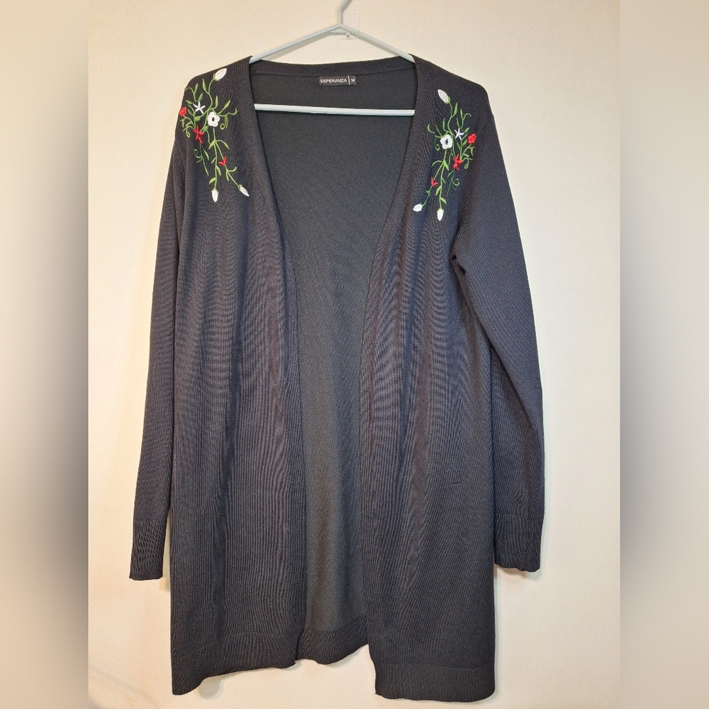 Esperanza Medium black longsleeve floral embroidered open knit long cardigan